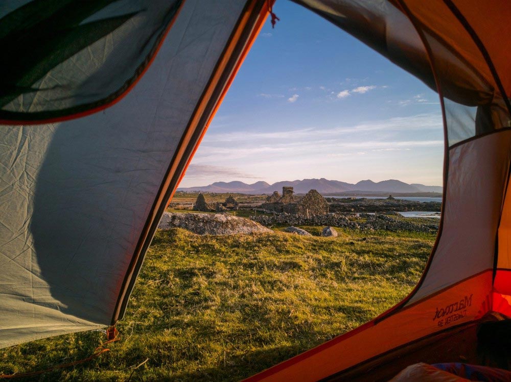 landscape from tent in connemara - camping trip